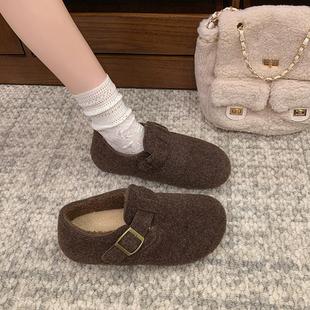 复毛毡加勃绒肯鞋女古2025秋冬季新底款一脚蹬皮带扣保软棉鞋暖子