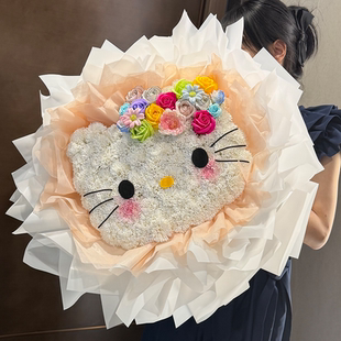 永生花KT可爱猫氛围感猫头香皂花大花束七夕表白送女友生日礼物