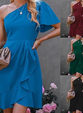 连衣裙2024夏季欧美亚马逊跨境新款性感纯色荷叶边斜肩单边袖中裙