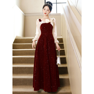 长袖丝绒回门小个子连衣裙秋冬季法式敬酒服新娘红色订婚晚礼服女