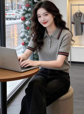学院风撞色条纹POLO领短袖针织衫女夏季新款修身显瘦百搭减龄上衣