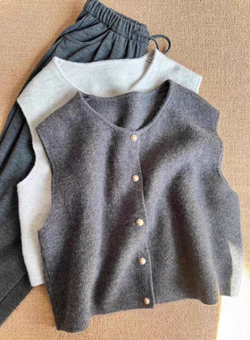 高级感灰色小金扣针织马甲女春秋软糯叠穿毛衣背心设计感无袖上衣