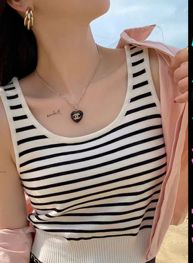 大码针织吊带小背心女外穿夏季短款U领内搭打底条纹无袖t恤上衣