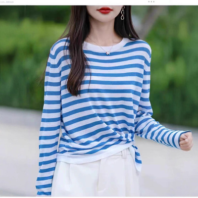撞色条纹长袖T恤女2025新款爆款夏季薄款冰丝针织防晒罩衫女上衣