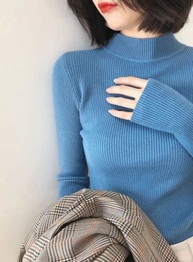 春秋新款半高领螺纹打底衫女韩版修身显瘦针织衫内搭毛衣黑色上衣