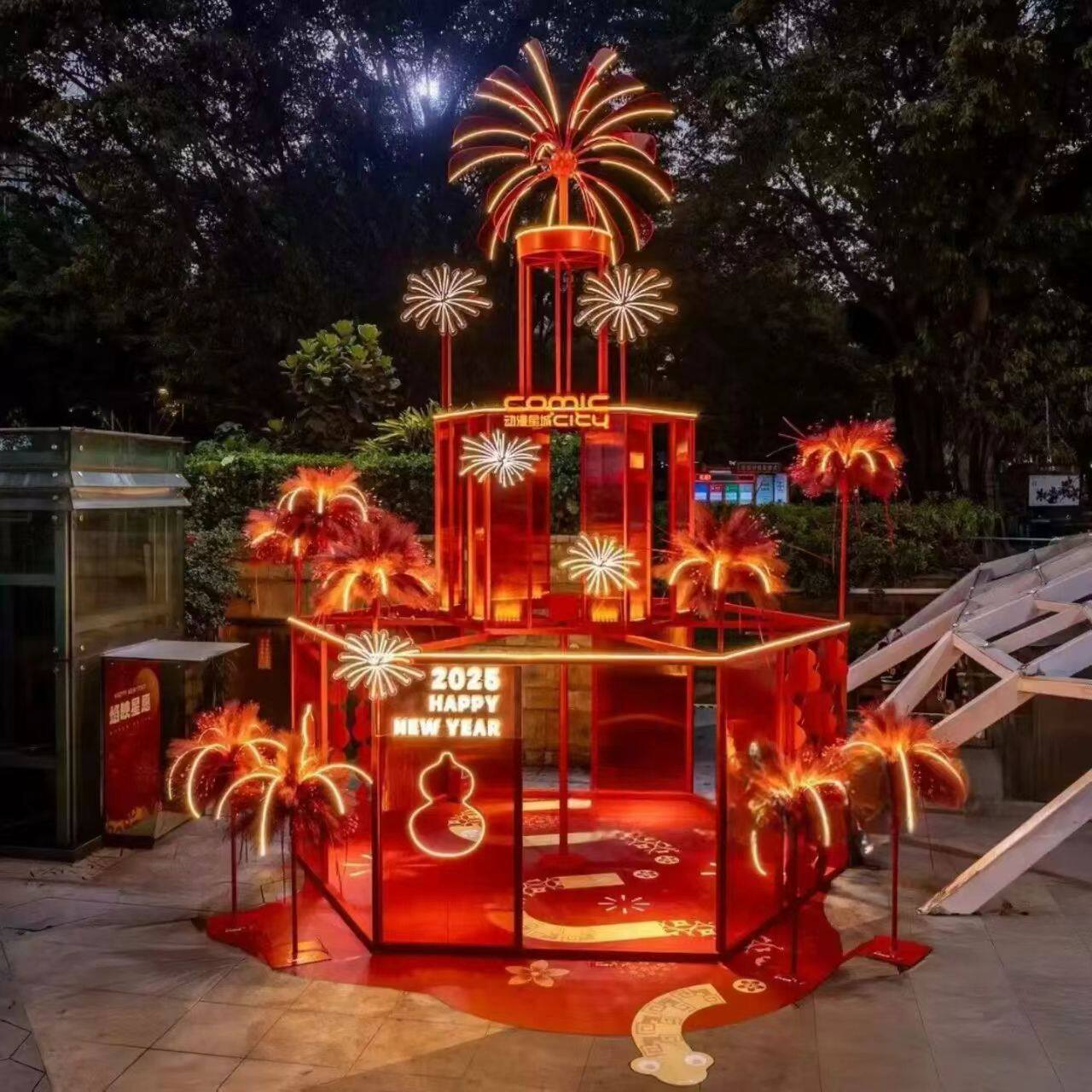 新年元旦LED烟花造型装饰灯立柱景观装置烟花灯光秀美陈艺术摆件