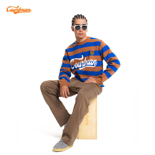 COURTMAN野球帝徽章条纹圆领毛衣