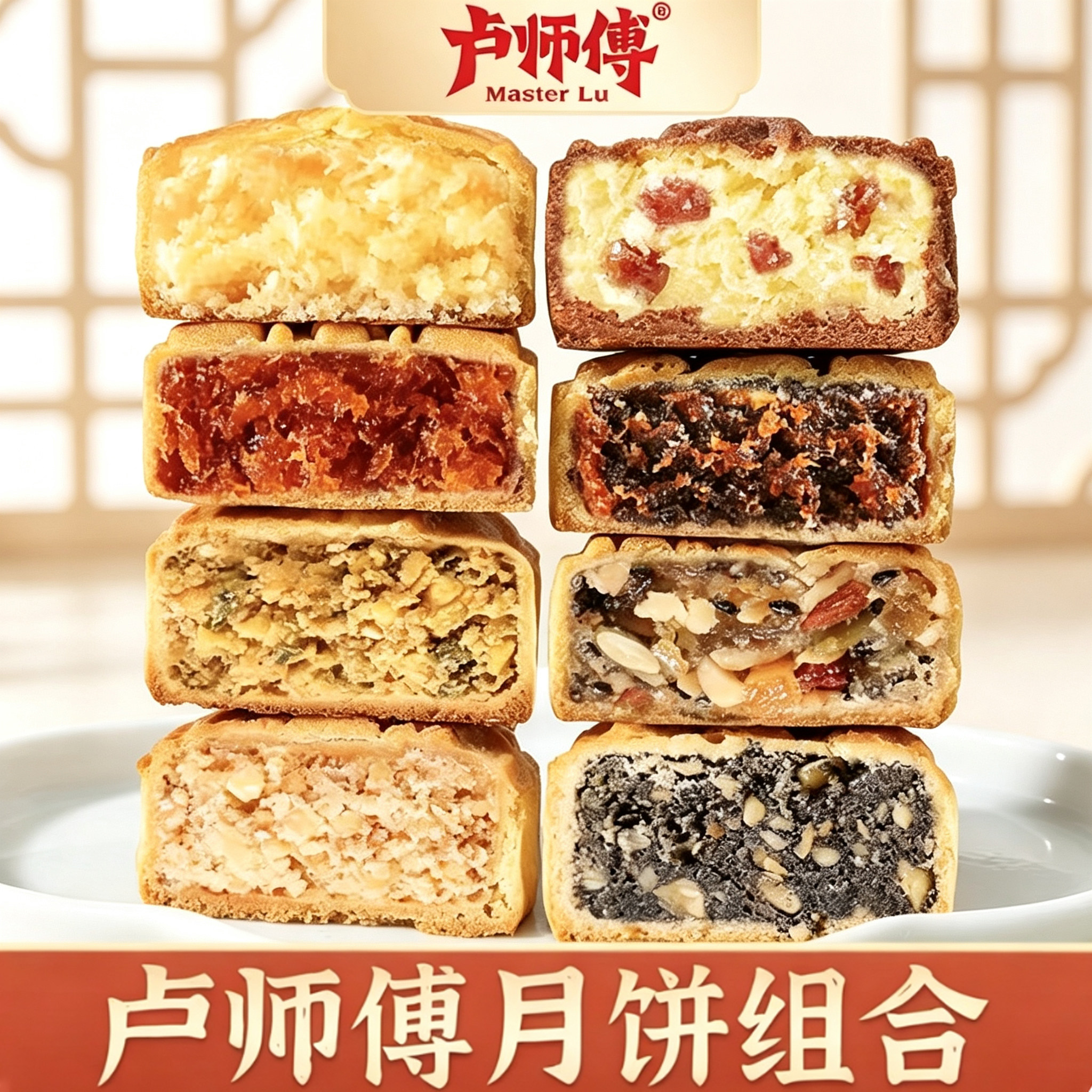 卢师傅月饼椰蓉老五仁花生巧克力蔓越莓团购中秋送礼礼盒官方正品