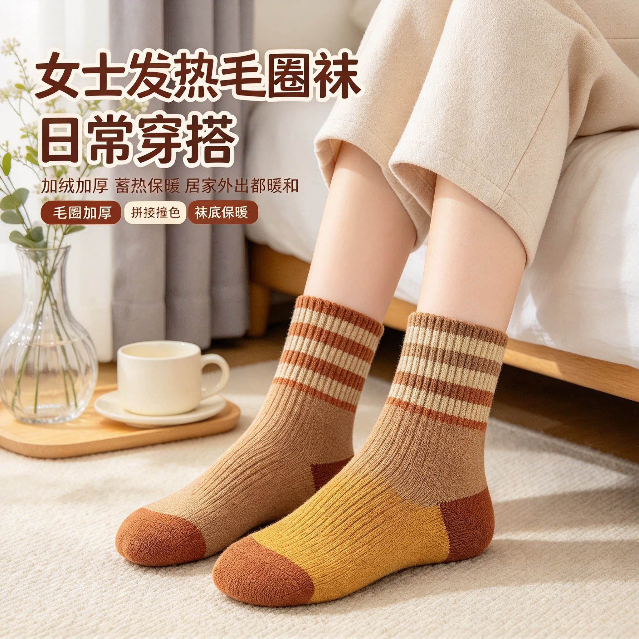 女士发热毛圈袜加绒加厚袜保暖袜拼接撞色袜袜底加厚袜秋冬五双装