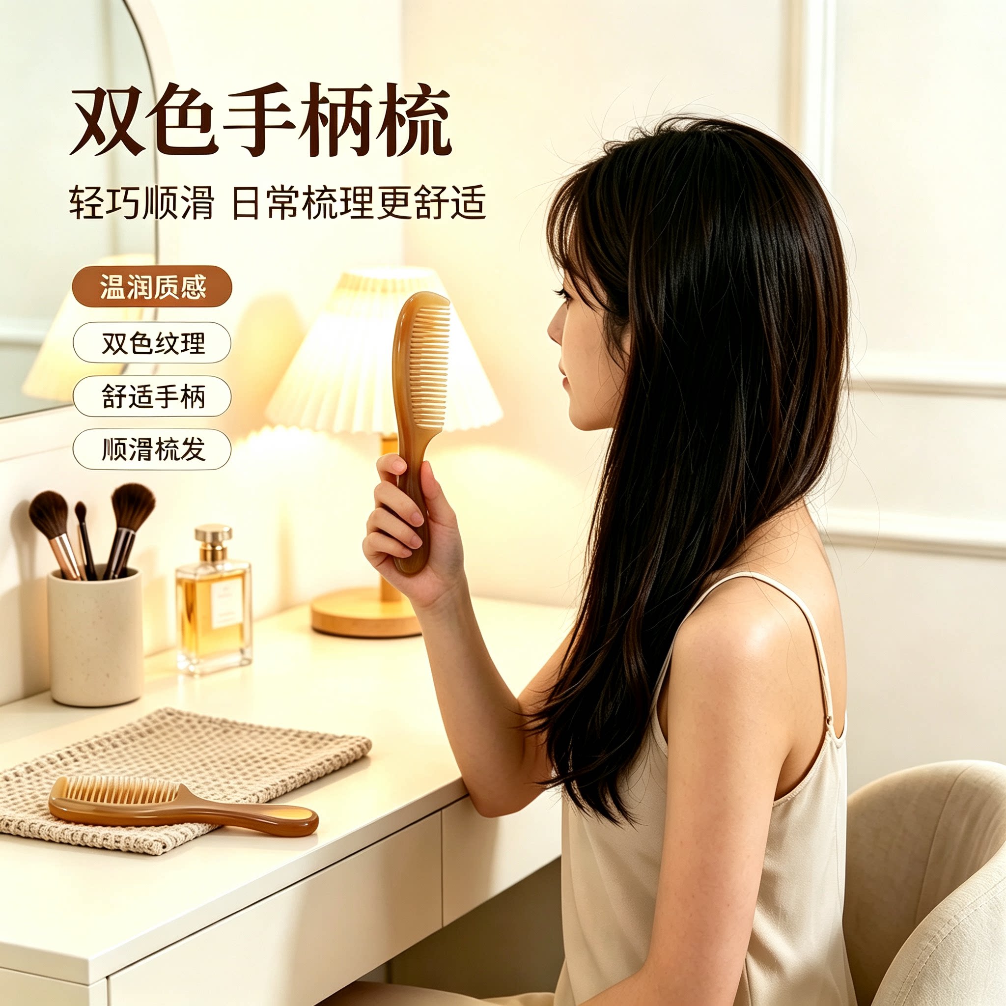 双色手柄梳牛角色质感顺滑不拉扯女士专用家用便携宽齿美发梳子