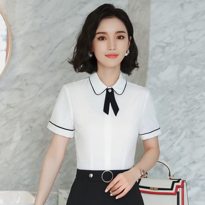 夏季韩版短袖职业衬衫女工作服前台修身气质面试白色娃娃领上衣长