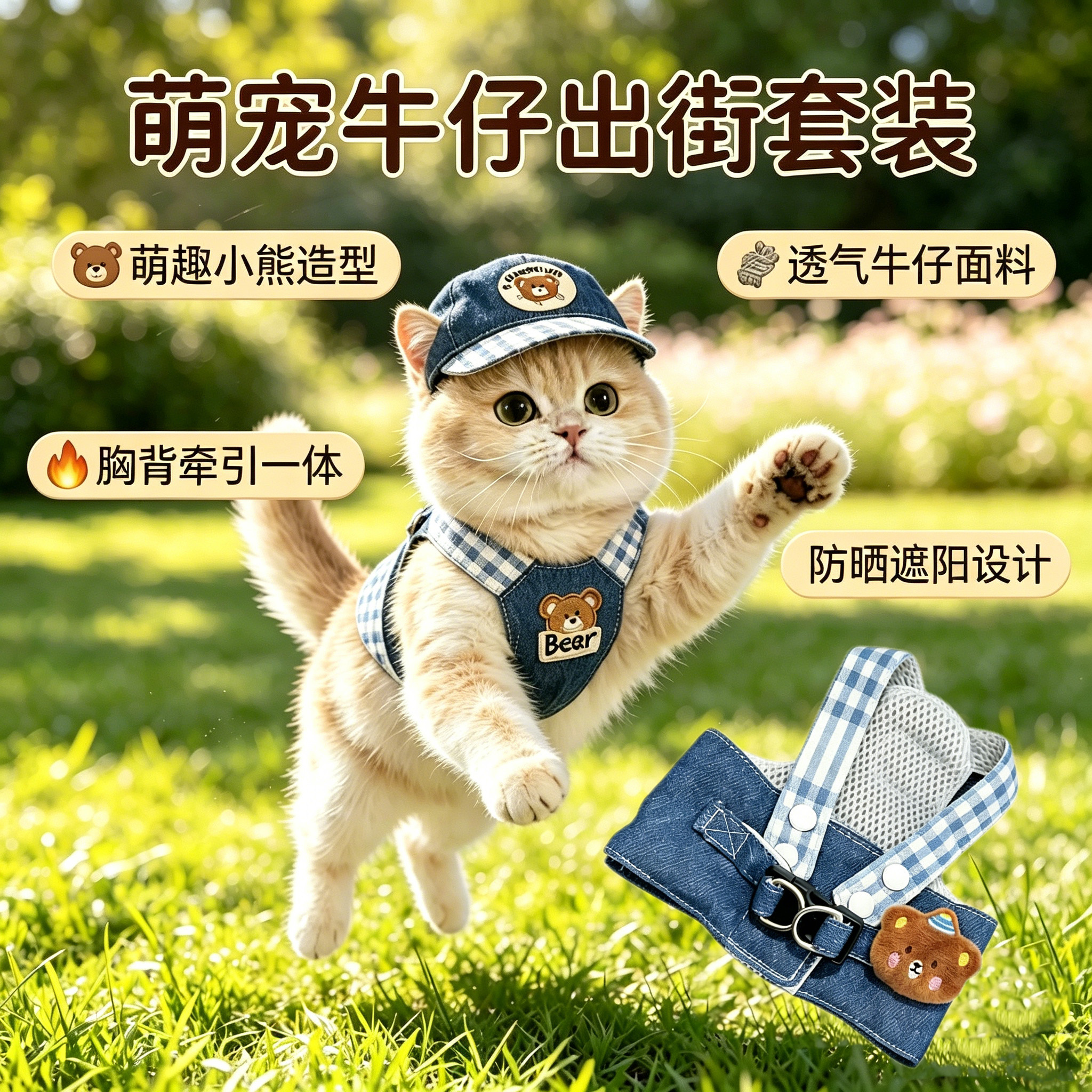猫咪牵引绳胸背带牛仔衣服幼猫成猫外出遛猫防挣脱透气背心式图片