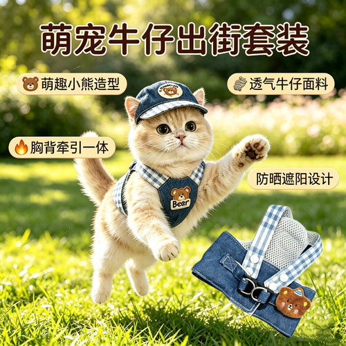 猫咪牵引绳胸背带牛仔衣服幼猫成猫外出遛猫防挣脱透气背心式