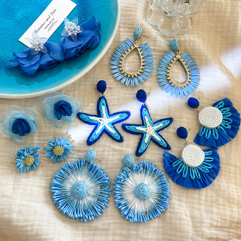 度假风蓝色编织耳饰女高级感海星花朵耳钉方圆脸夏天海边拍照耳环,饰品/流行首饰/时尚饰品新,耳环,淘宝优惠券,粉丝福利购,淘宝优惠卷