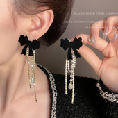 黑色赫本风蝴蝶结耳钉2026新款 轻奢高级流苏耳环气质仿珍珠耳饰女