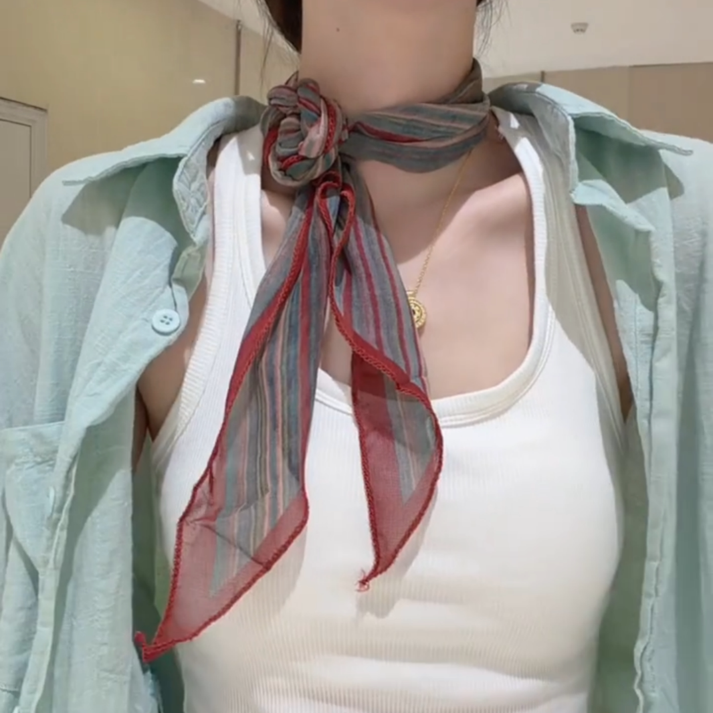 文艺复古竖条纹细窄长款丝巾女