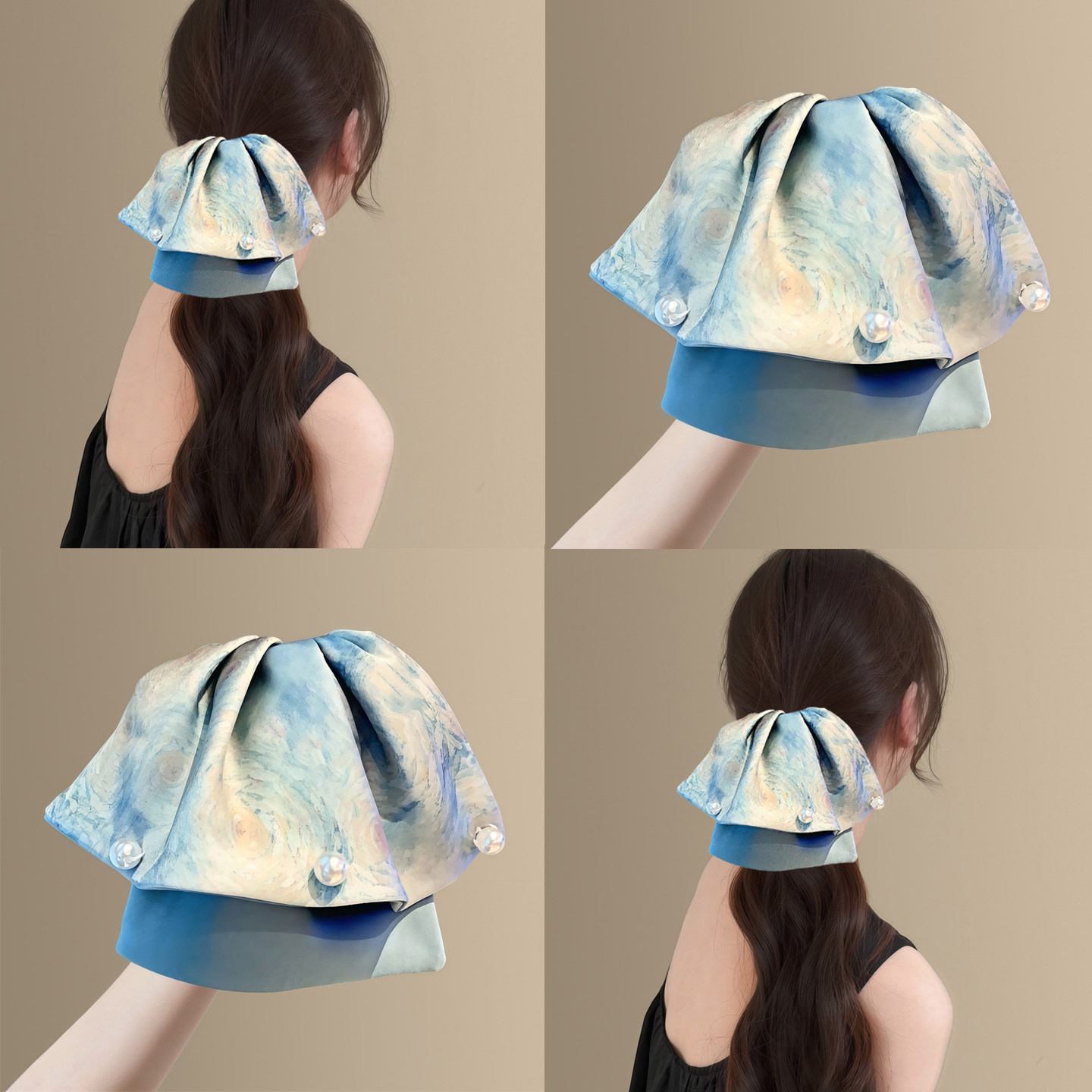 2025新款高级感蓝色晕染缎面珍珠发夹女马尾夹气质时尚后脑勺头巾,运动包/户外包/配件,头巾/遮耳,淘宝优惠券,粉丝福利购,淘宝优惠卷