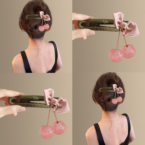 温柔气质领结樱桃发夹女后脑勺