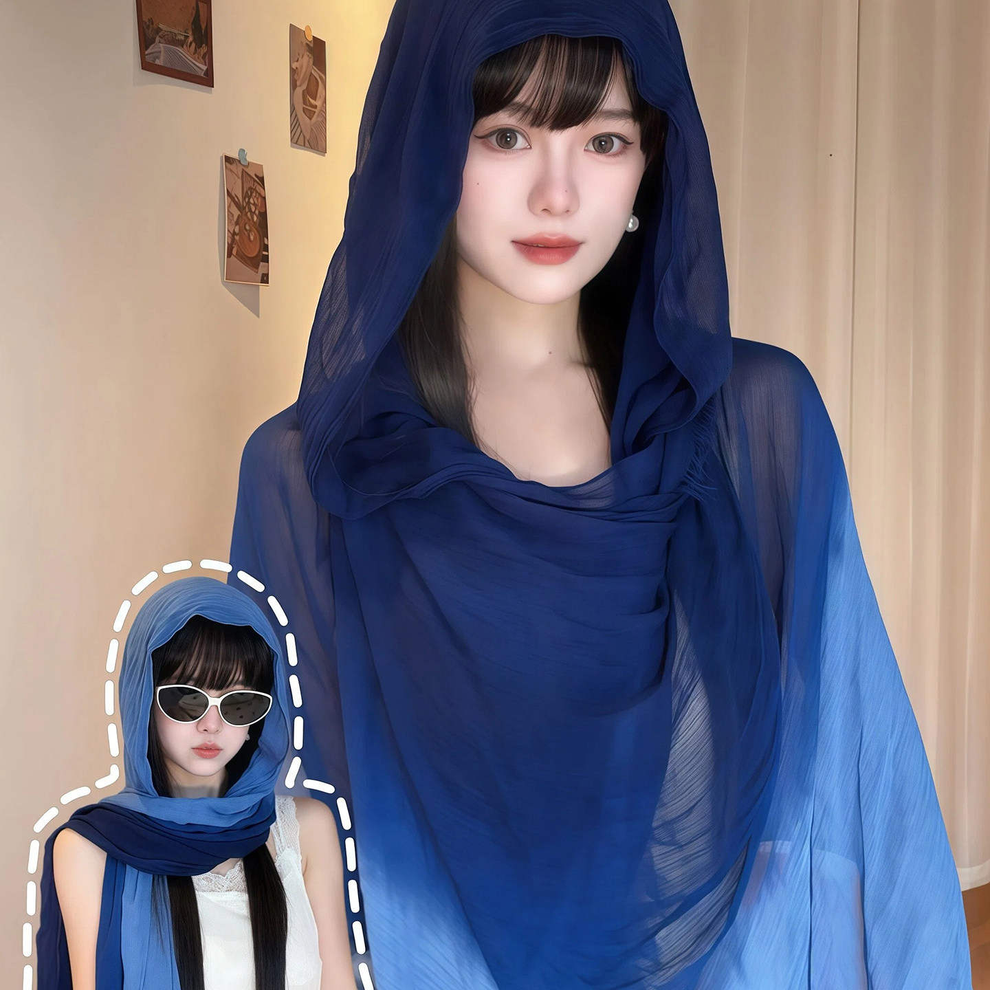 西域氛围感~蓝色渐变丝巾披肩女