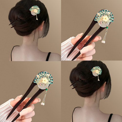 孔雀开屏！新中式檀木发簪子古风