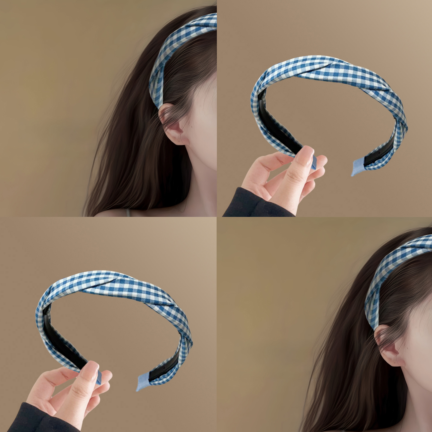 韓系藍格！藍色麻花窄版發箍！