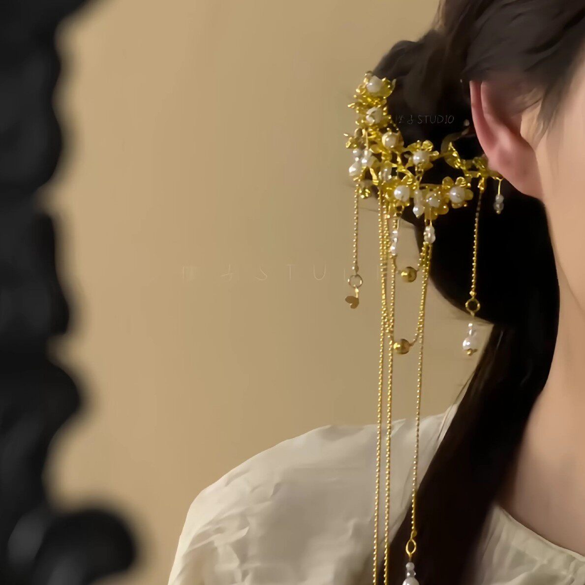 新中式金色梅花长流苏发簪女!