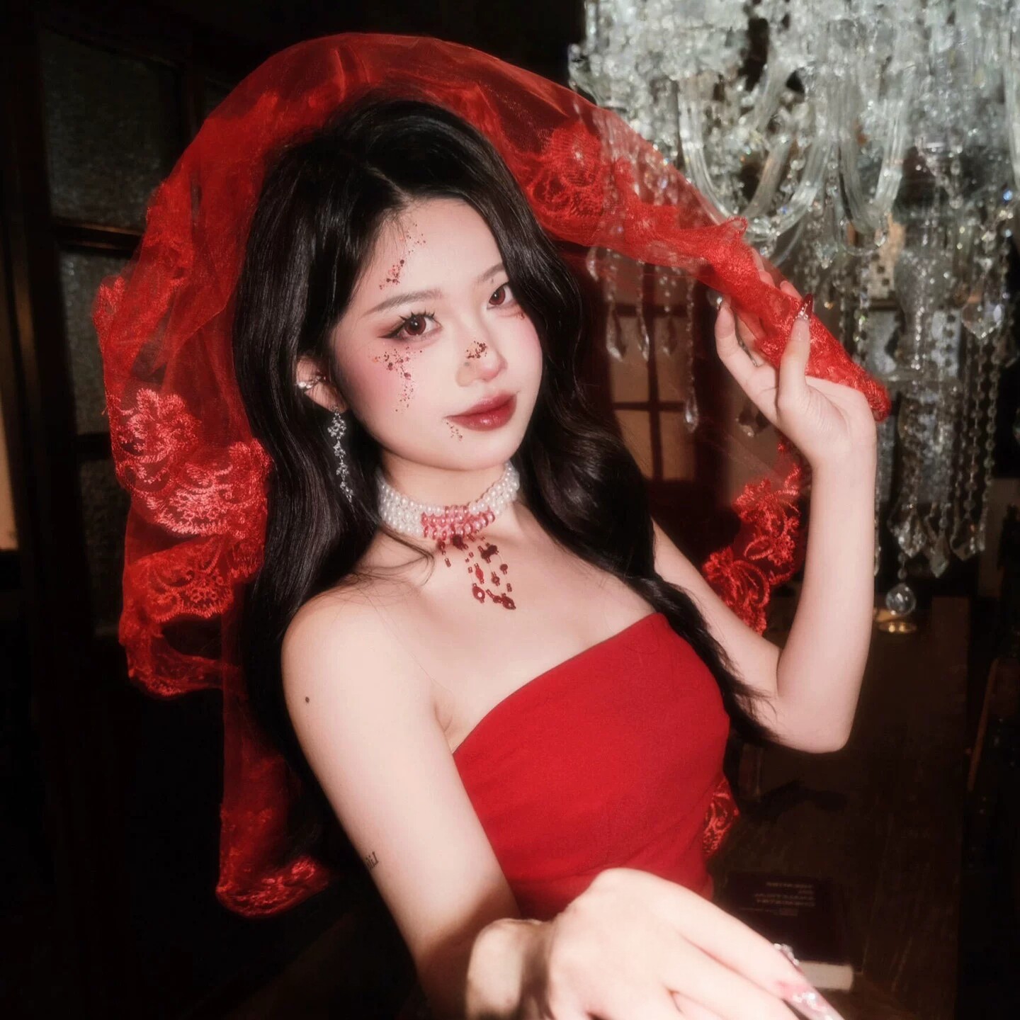 万圣节吸血鬼新娘红色蕾丝花边
