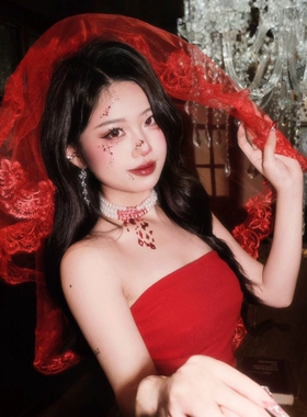 万圣节吸血鬼新娘红色蕾丝花边