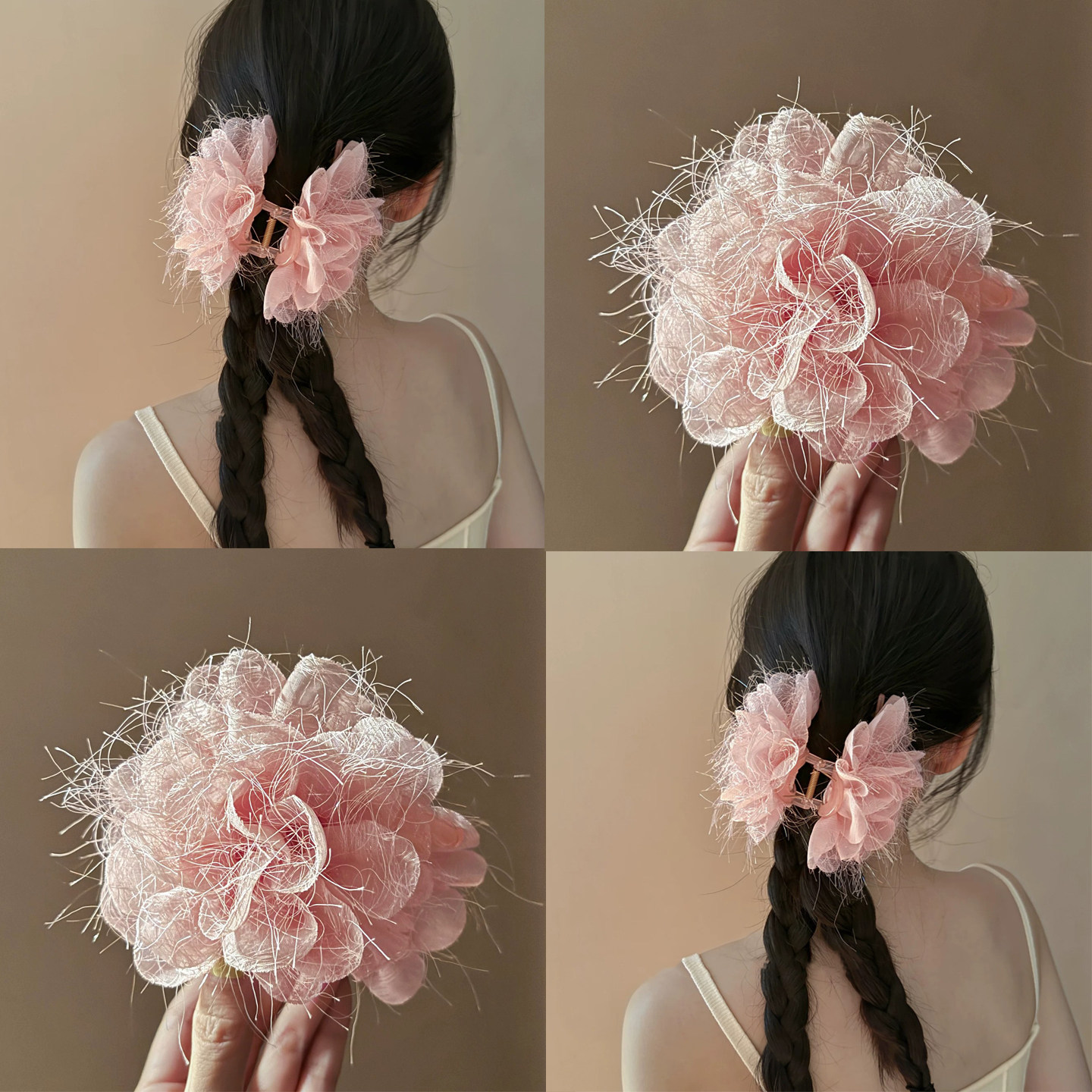 超仙粉色雪纺花朵抓夹女春夏小众