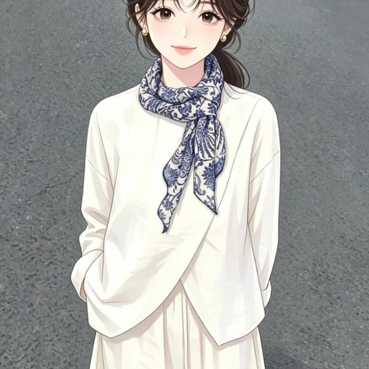 蓝色青花瓷长条丝巾女高级感早秋