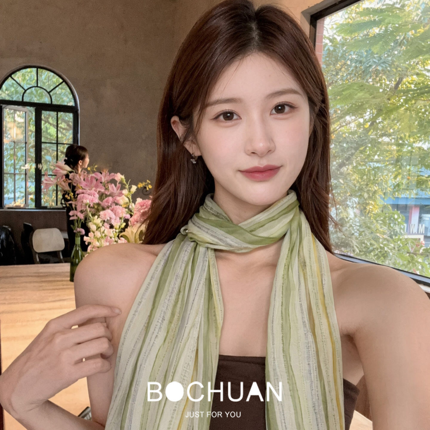 复古森系绿色条纹丝巾女系脖纱巾