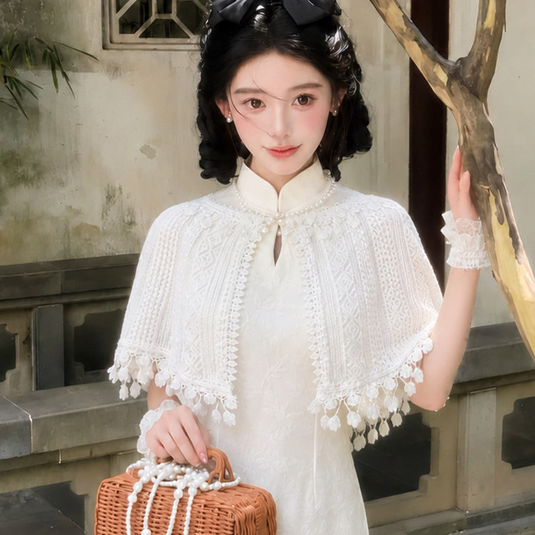 新中式白色旗袍蕾丝披肩女外搭