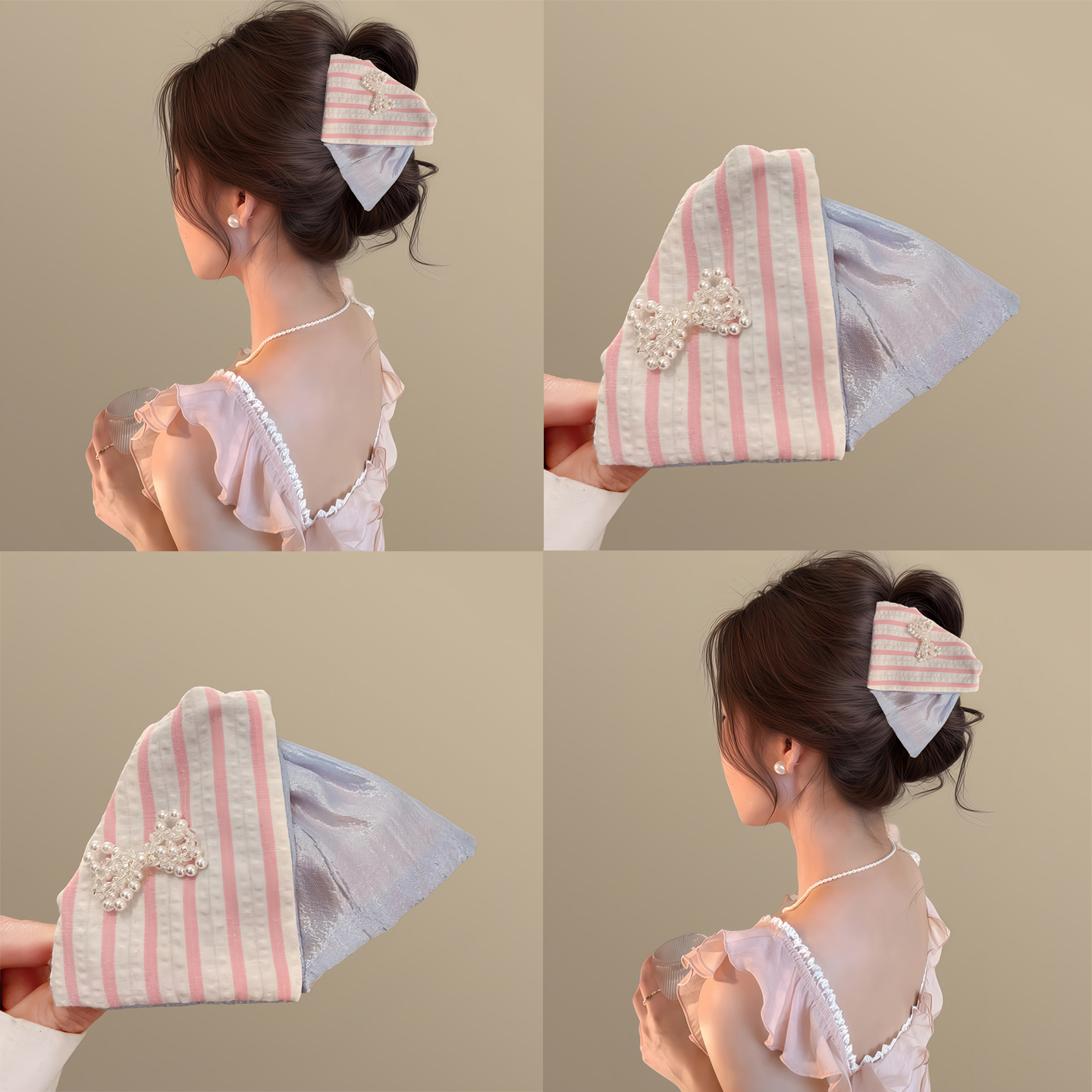 元氣少女粉色條紋三角蝴蝶結抓夾