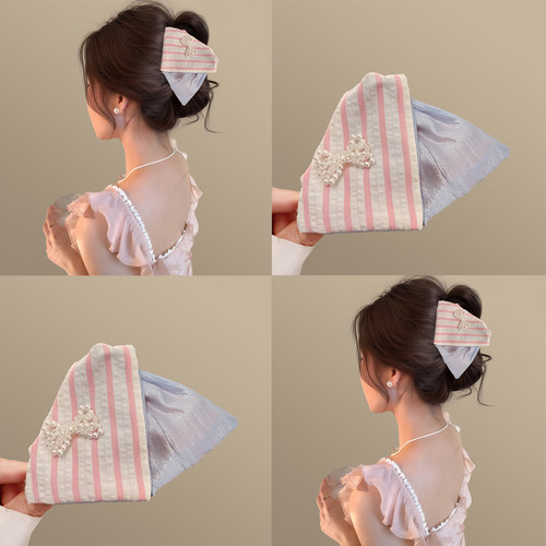 元气少女粉色条纹三角蝴蝶结抓夹