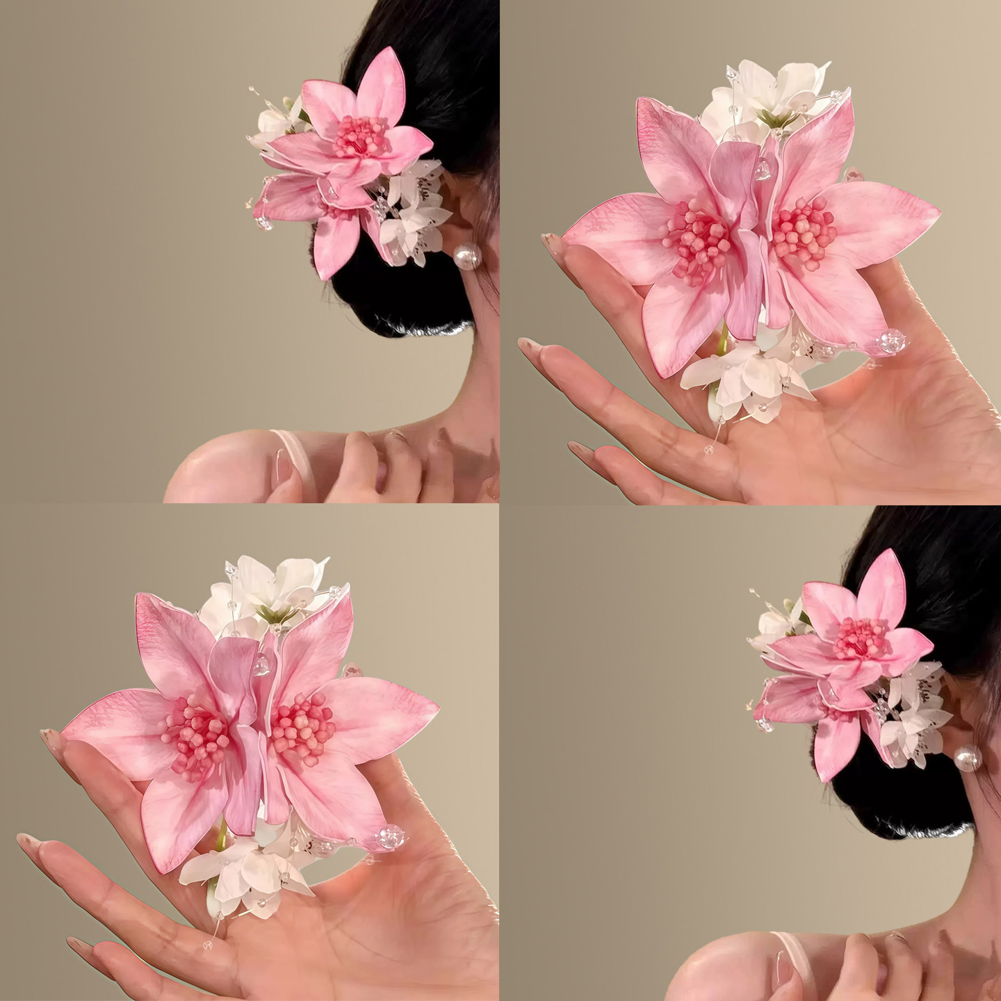 【桃瓣含露】超仙粉色百合花朵发夹女！新款海边度假风侧边夹发饰