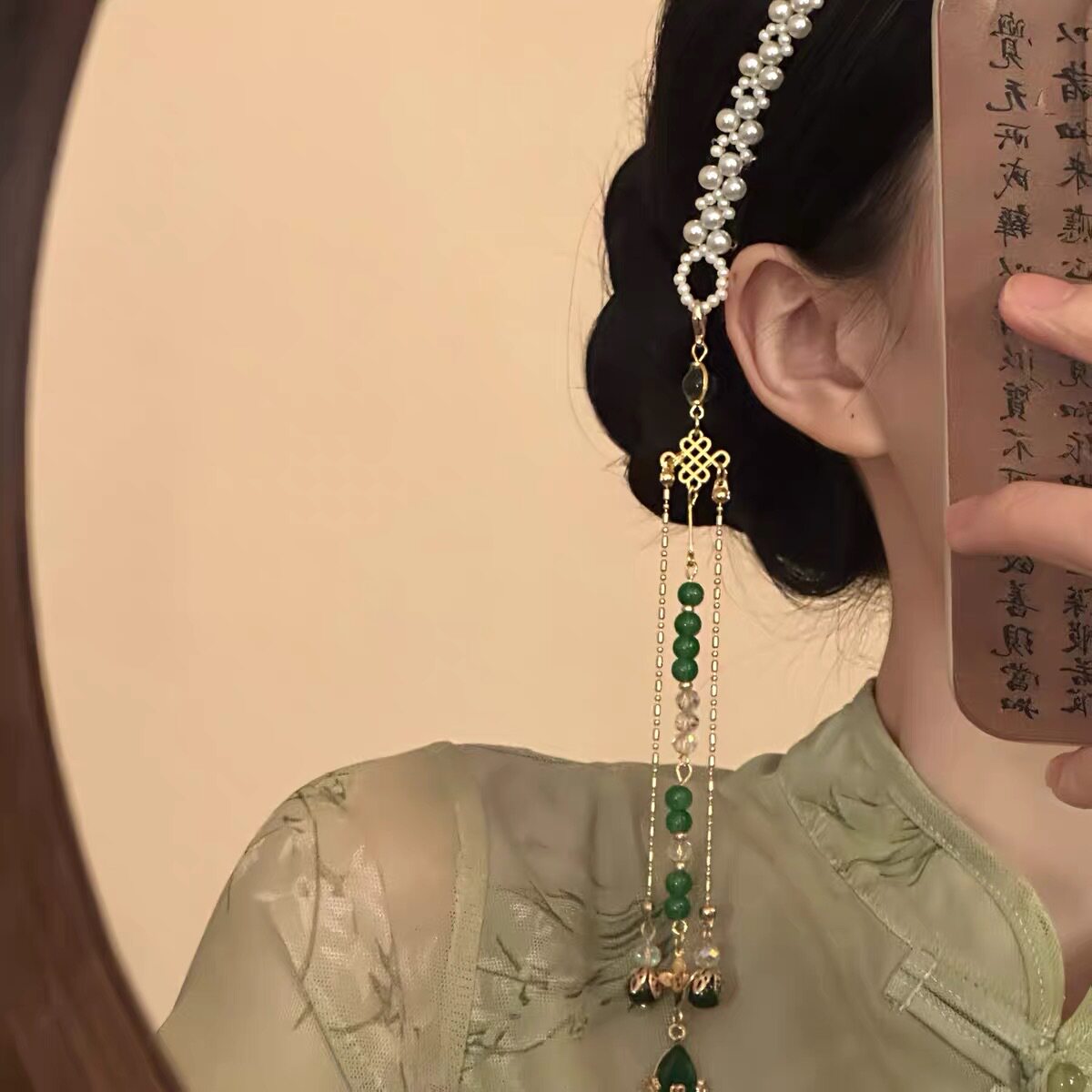 复古绿色珍珠流苏发箍女新中式