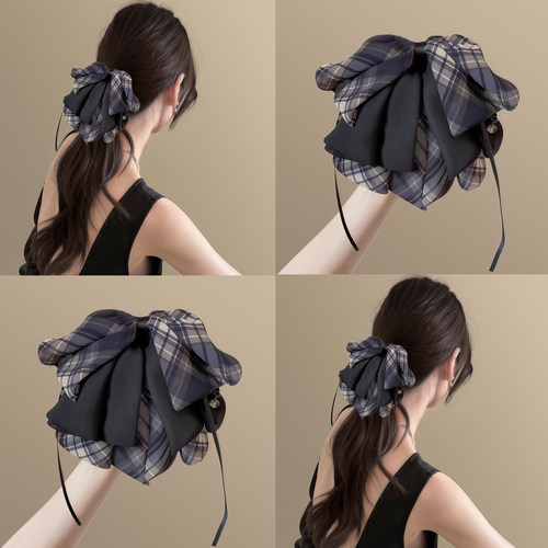 学院风清新格纹网纱蝴蝶结马尾夹