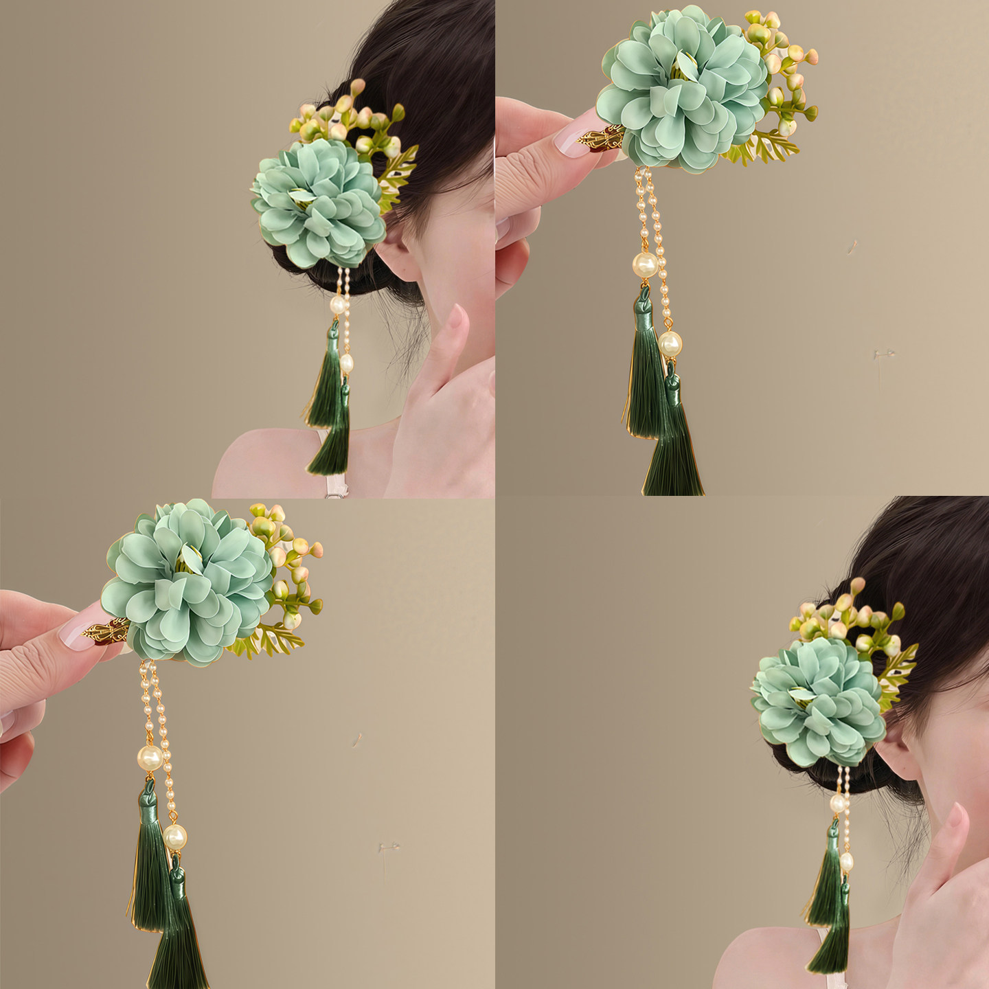 青萝坠鬓~清新绿色花朵流苏发夹女！新中式仿真花古风侧边夹发饰