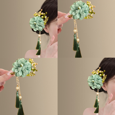 青萝坠鬓~清新绿色花朵流苏发夹