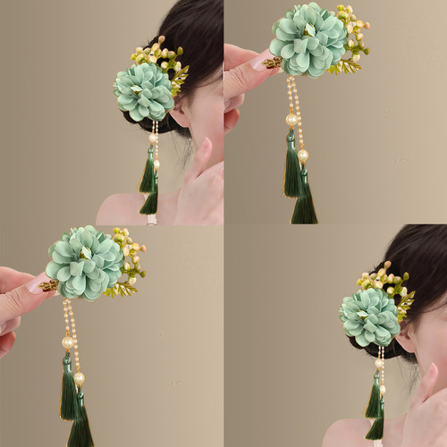 青萝坠鬓~清新绿色花朵流苏发夹