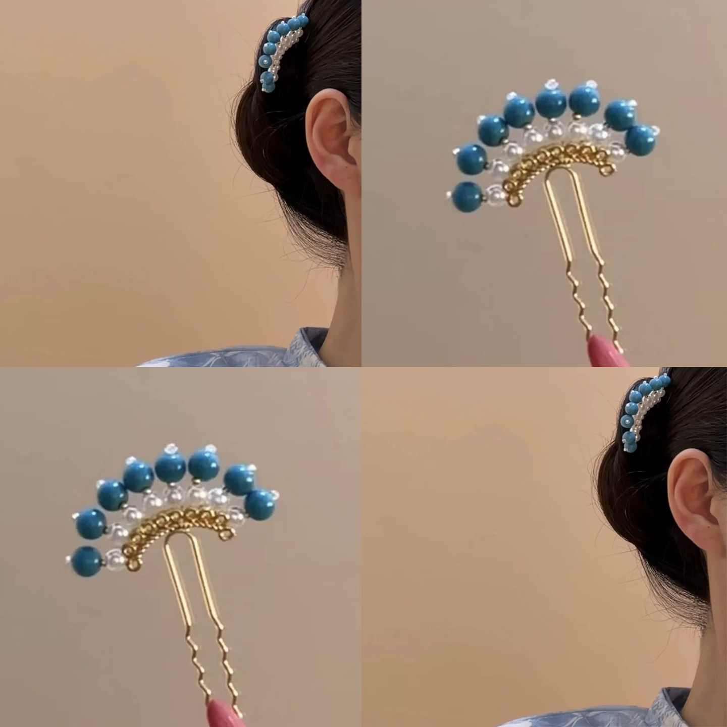 甜美蓝色珍珠扇形U型发簪女新中图片