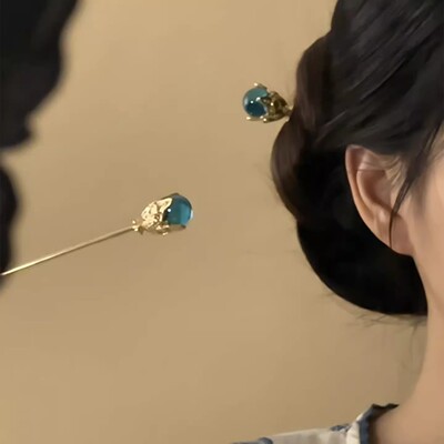 新中式蓝色水晶球发簪女！新款