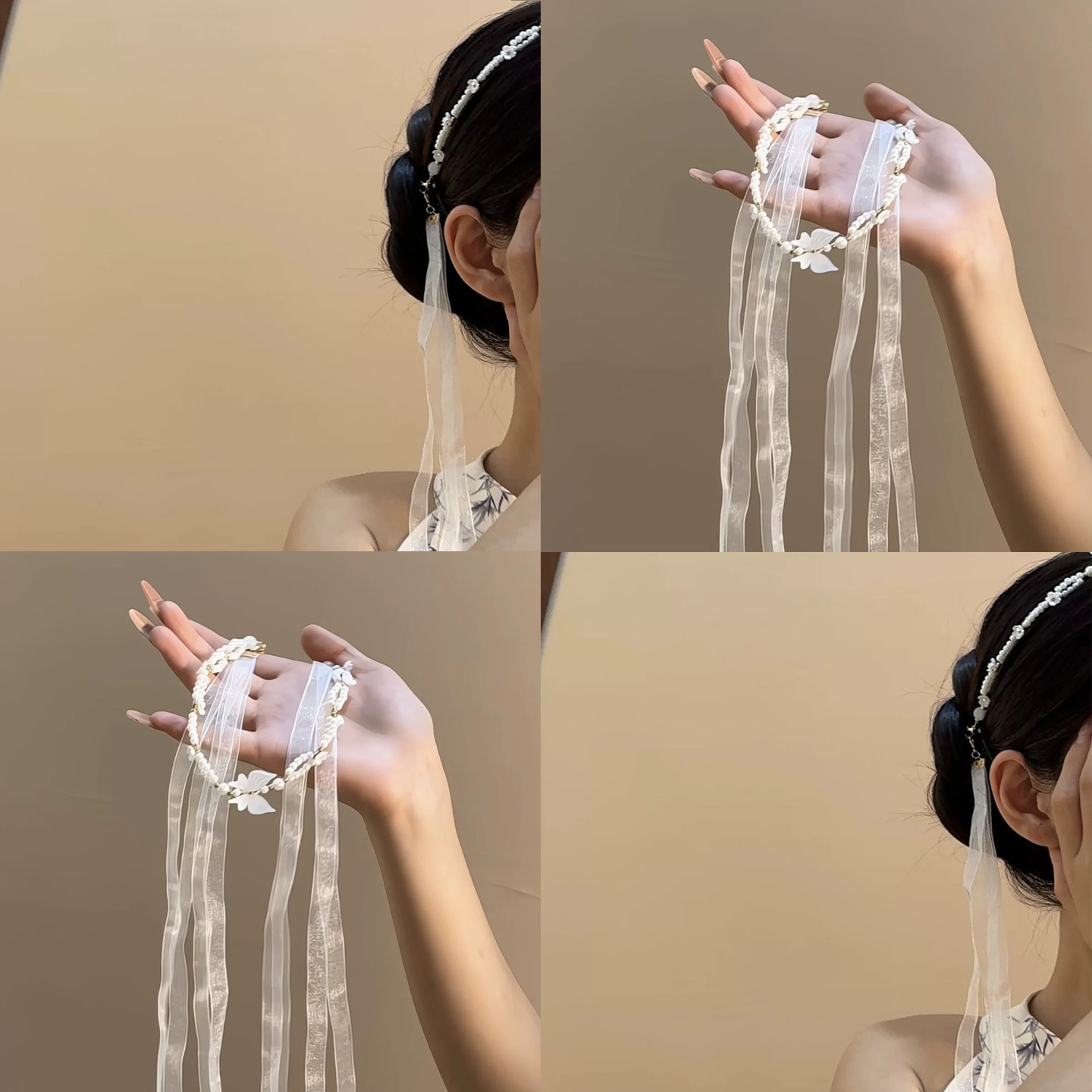 超仙白色蝴蝶珍珠发链条女超长