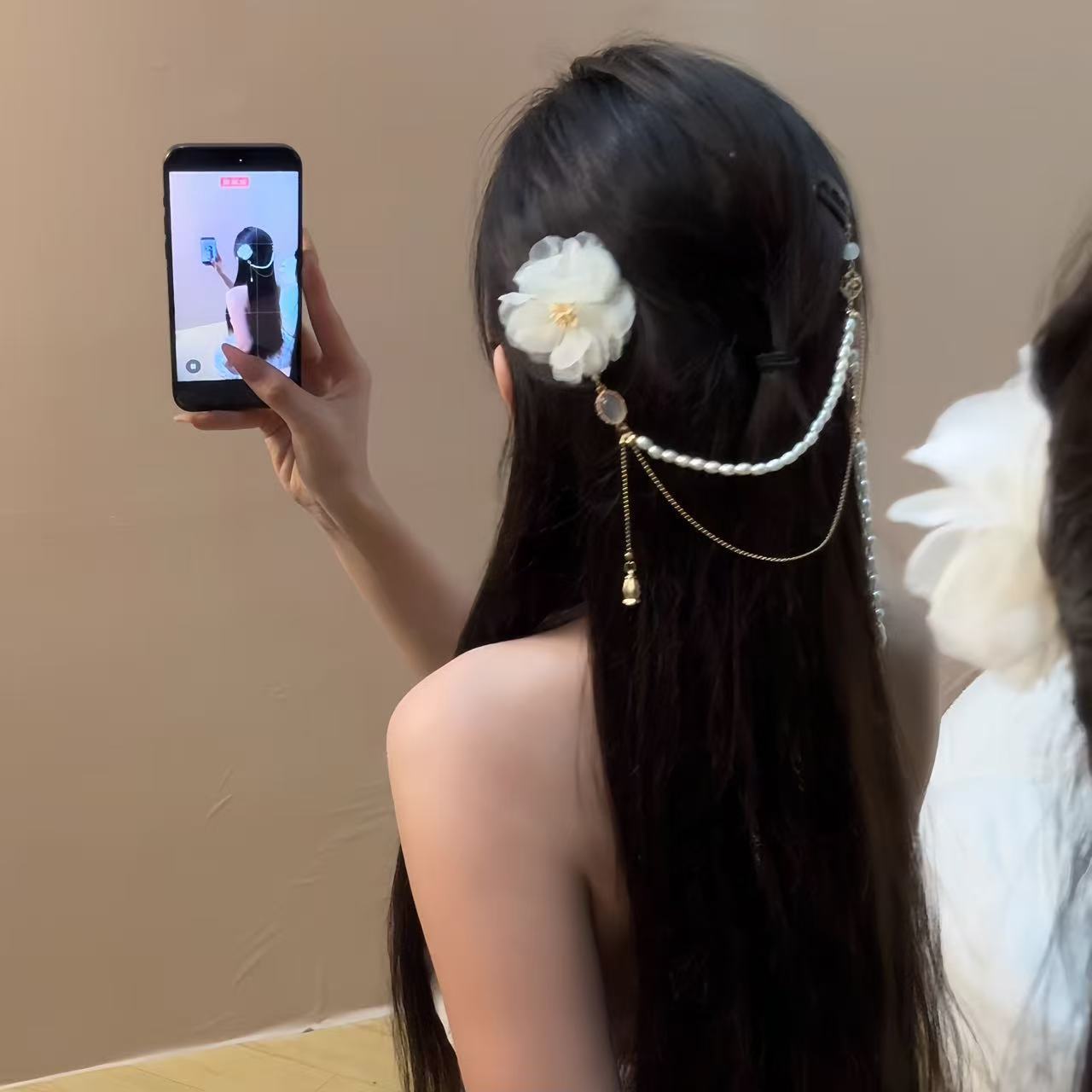 氛围感白纱花朵珍珠流苏发夹女
