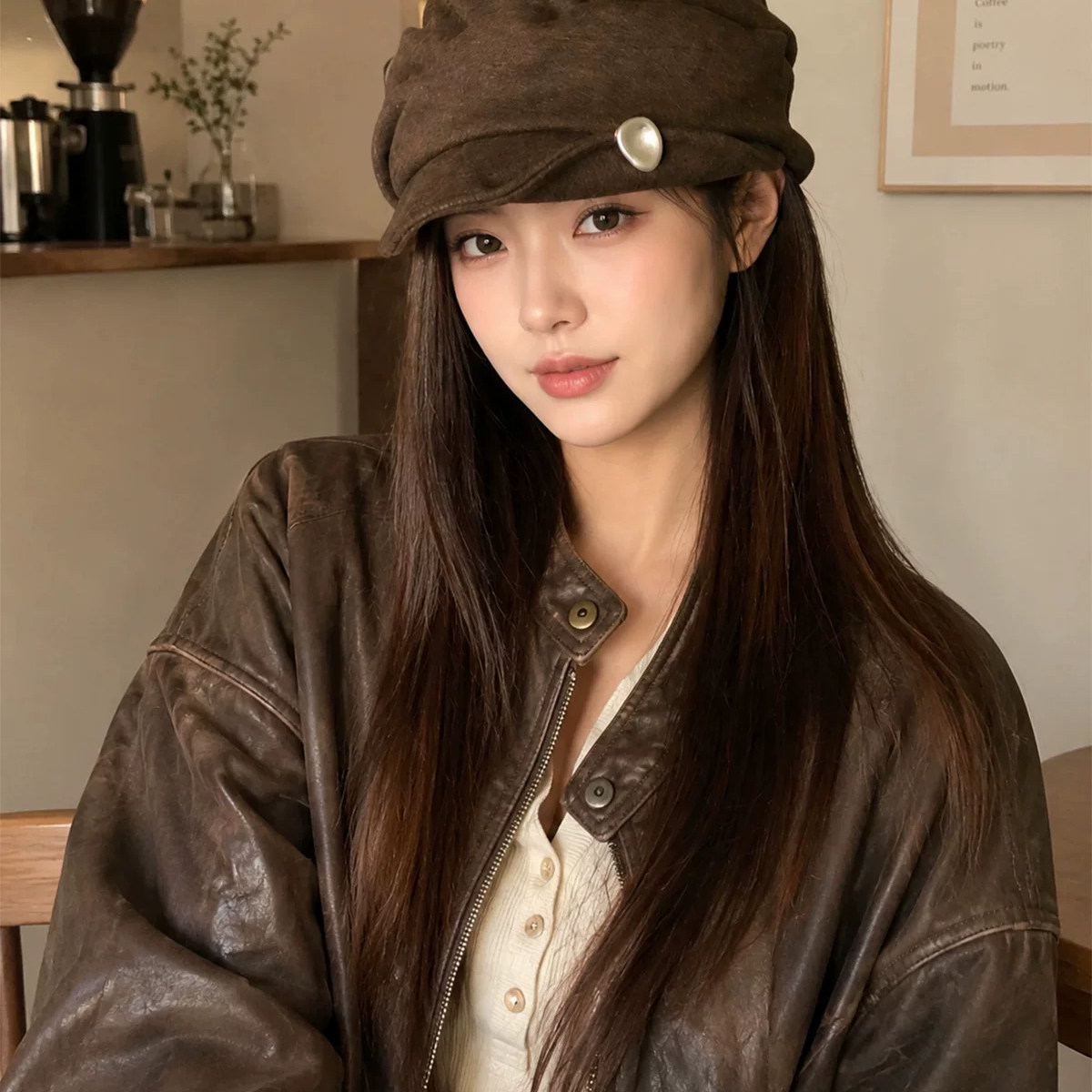 复古咖色金属扣翘报童马术帽子女
