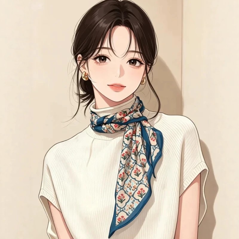 复古长条小红花飘带丝巾女