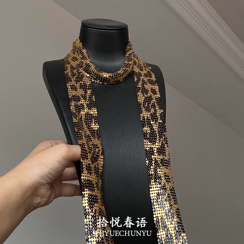 复古欧美亮片豹纹长款丝巾女设计