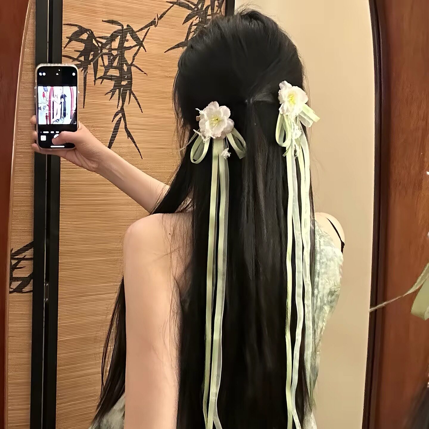 新中式蝴蝶结飘带花朵发夹女