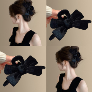 赫本风~气质丝绒蝴蝶结鲨鱼夹大号抓夹女秋冬高级感鲨鱼夹头巾遮