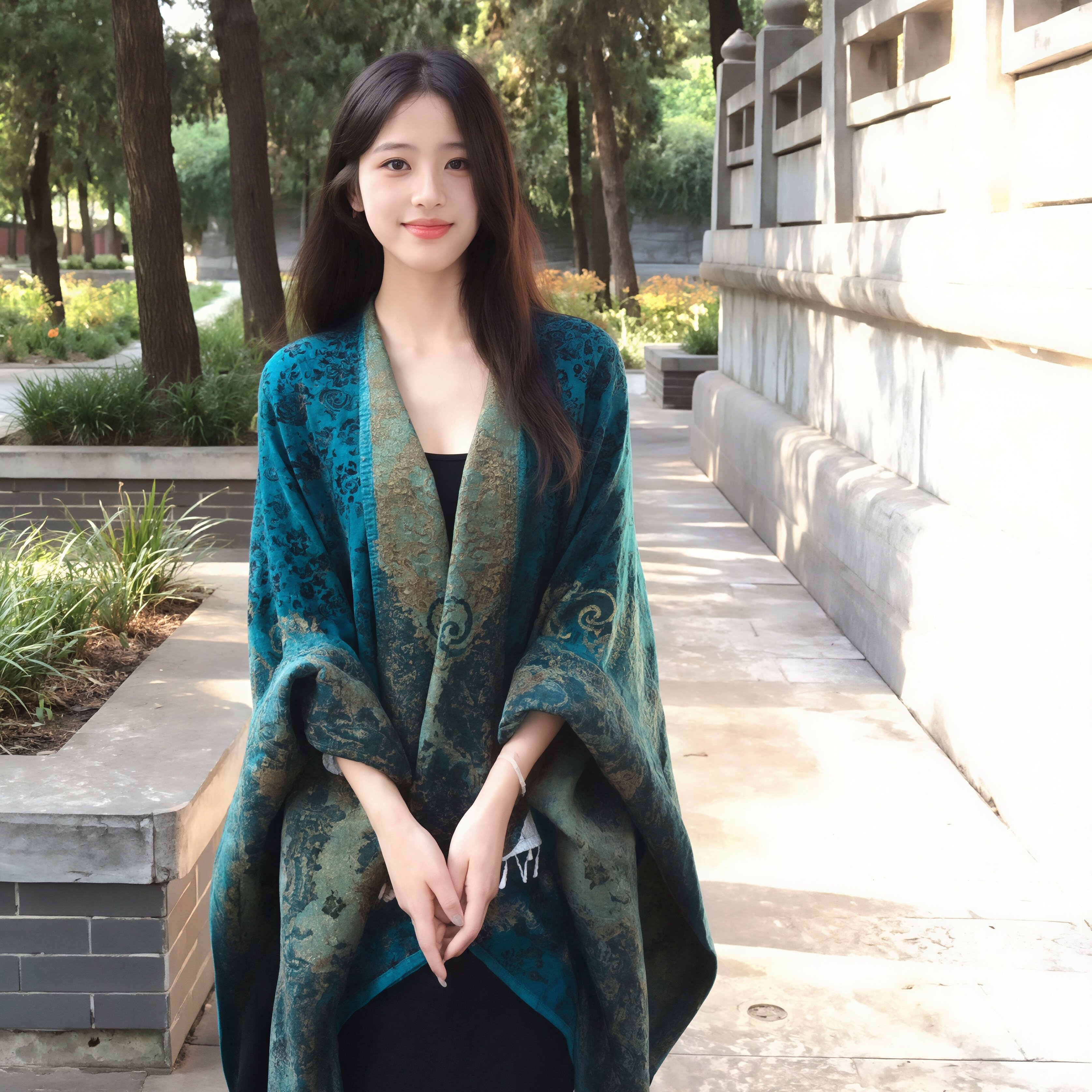 富家千金感中式元素孔雀蓝披肩女